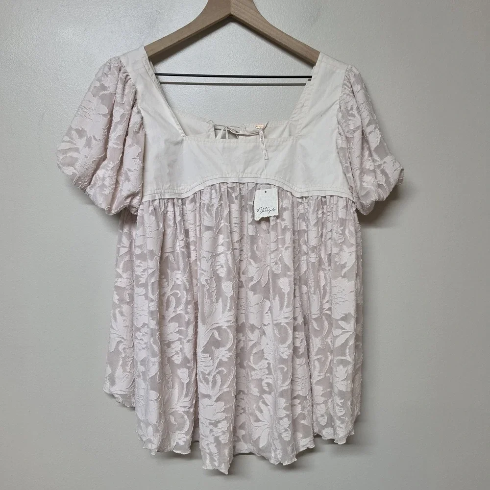Free People Sunrise to Sunset Top M Pink Floral Burnout Babydoll Puff Sleeve